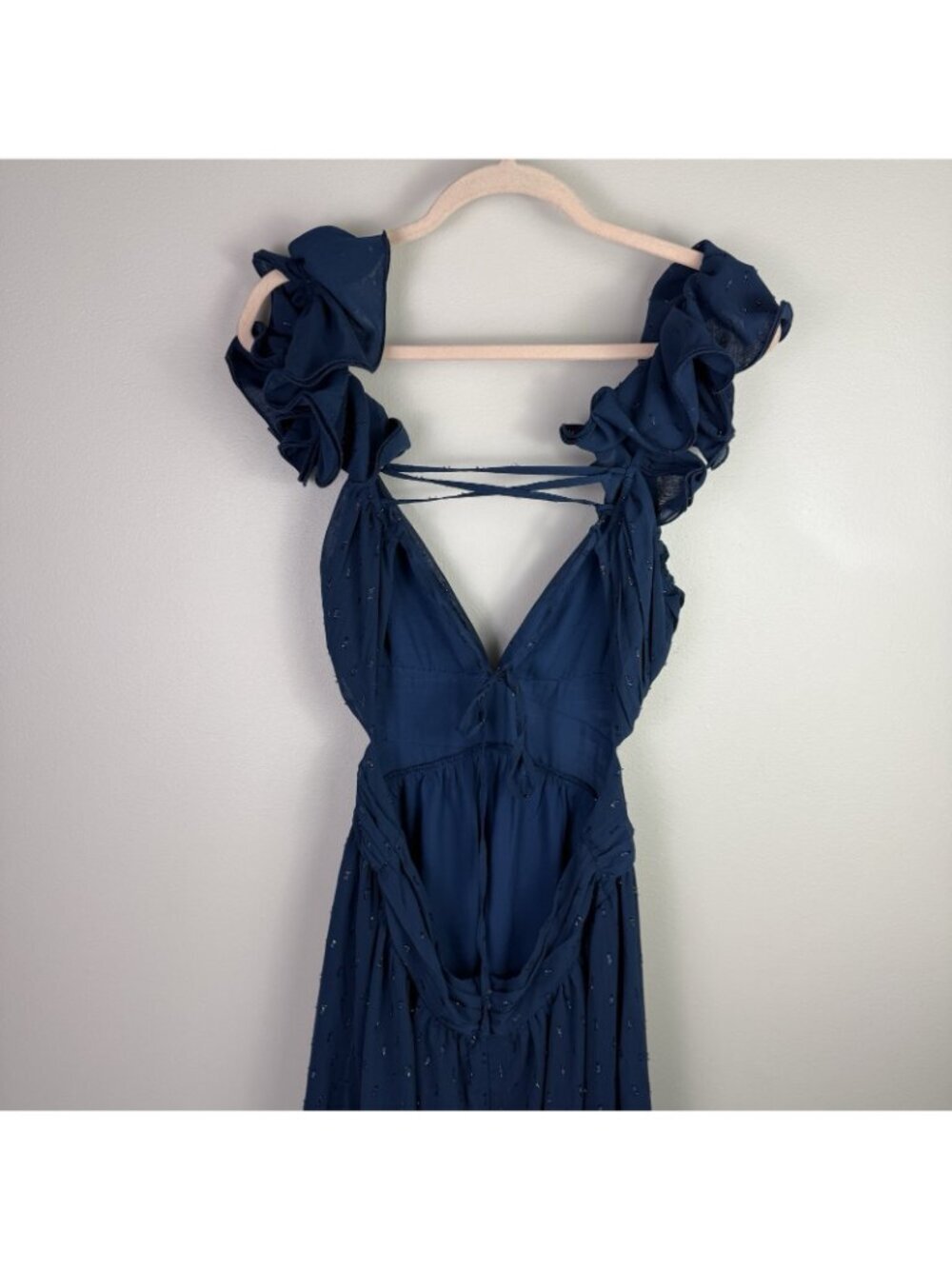Petal + Pup Navy Glitter Ruffle Maxi Dress Deep V Lace Up Back Gala Sz L - Picture 7 of 12